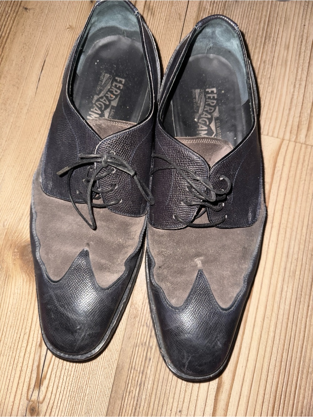 Salvatore Ferragamo Two-Tone Navy and Grey  Suede & Leather Wing -tip Oxfords